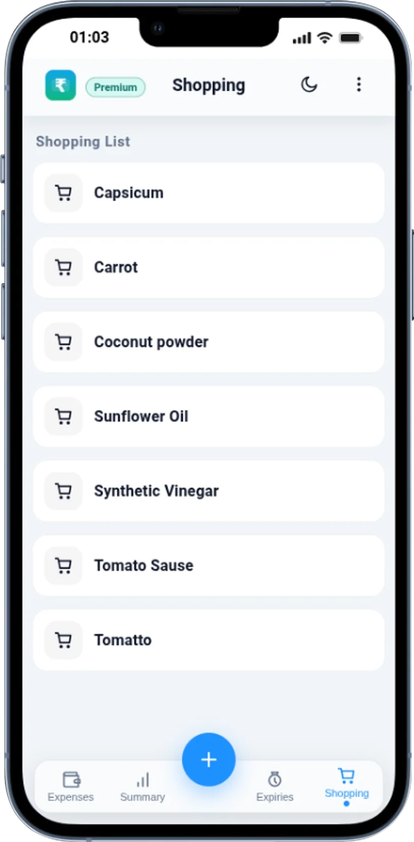 Shopping list screen with multi-select